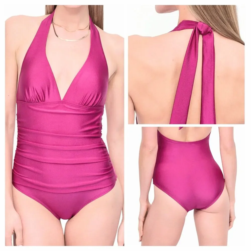 DKNY Swimsuit Sz L Halter Tie Top Ruched Sides Hot Pink Padded UV Protection NWT - Picture 12 of 12